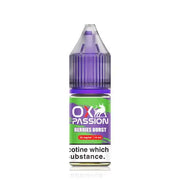 A bottle of OXVA Ox Passion Nic Salt E-Liquid with a purple cap, labeled Berries Burst flavor, 10mg/20mg nicotine strength, and 10ml volume.